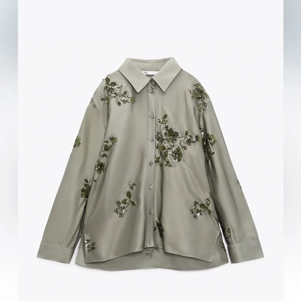 NWT Zara Sequin Satin Effect Shirt - Picture 7 of 8